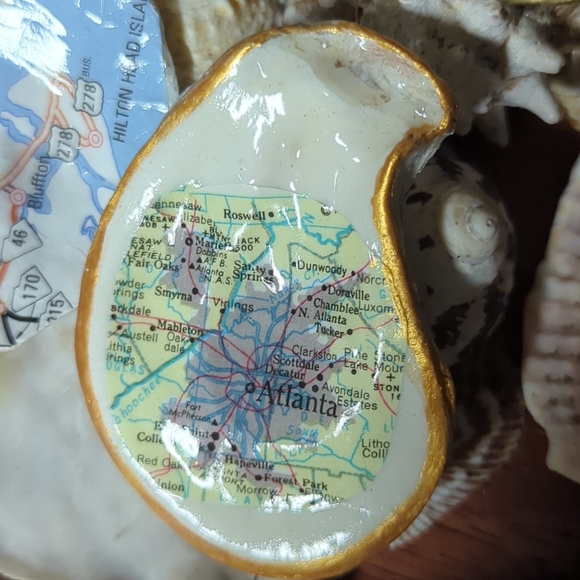 Handcrafted map decoupaged oyster shells pick a city we will make it $15 or2/$25 - Picture 6 of 6
